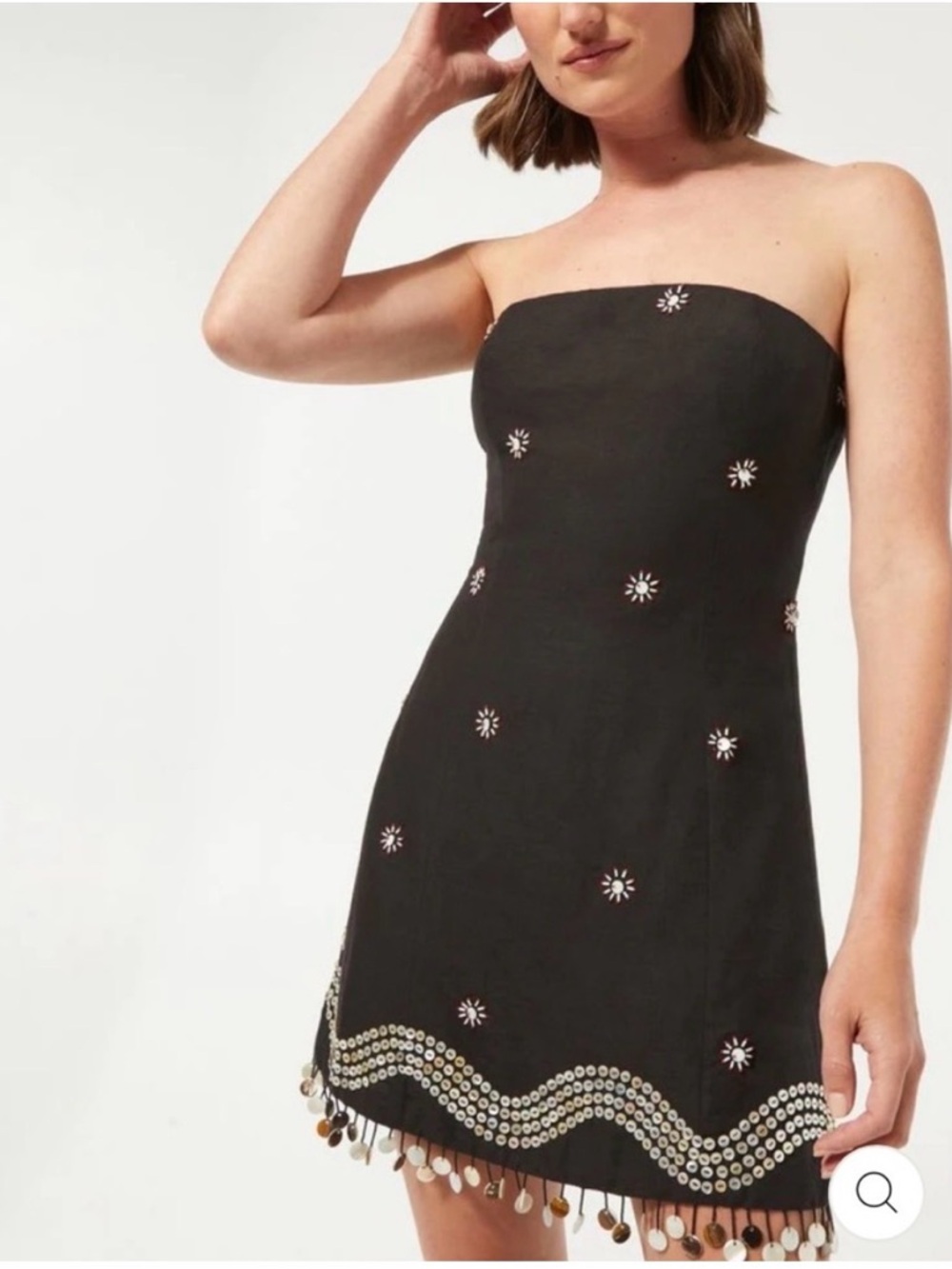 Rhode SMALL Giovanna linen blend black embellished strapless mini dress